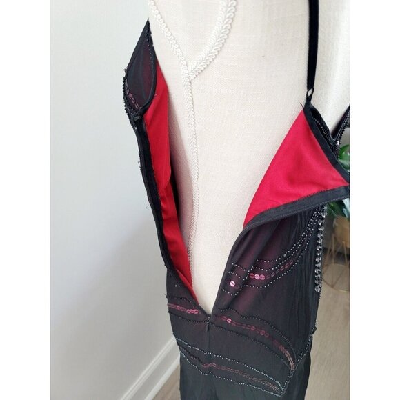 Sue Wong Vintage Black Pink Beaded Sequin Y2K 90s Silk Flapper V-Neck Dress 12 M - Picture 7 of 13